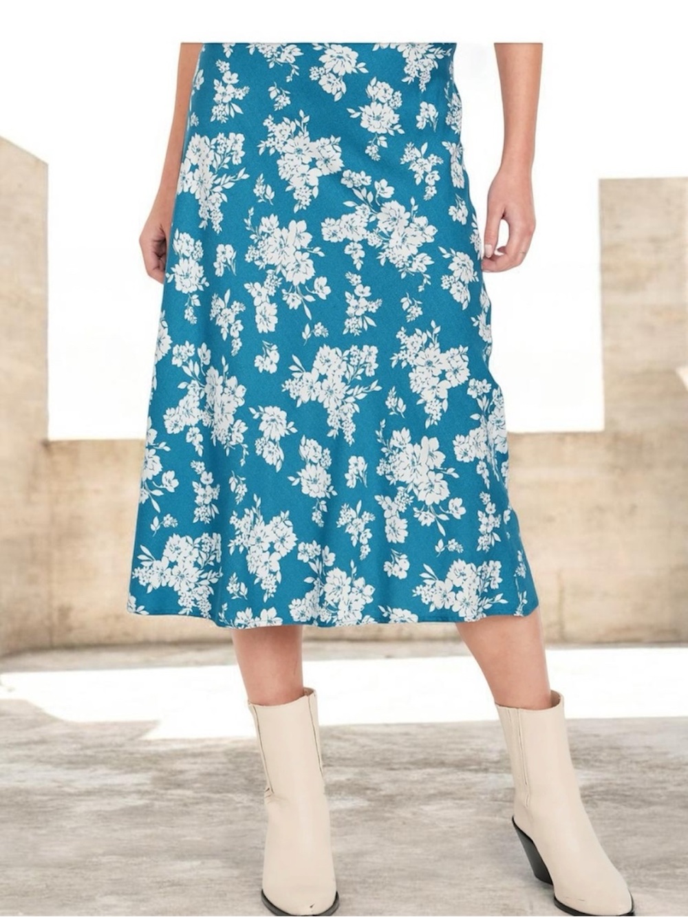 🌸Old Navy Blue White Floral Midi A-Line Skirt Elastic Waist Size XL